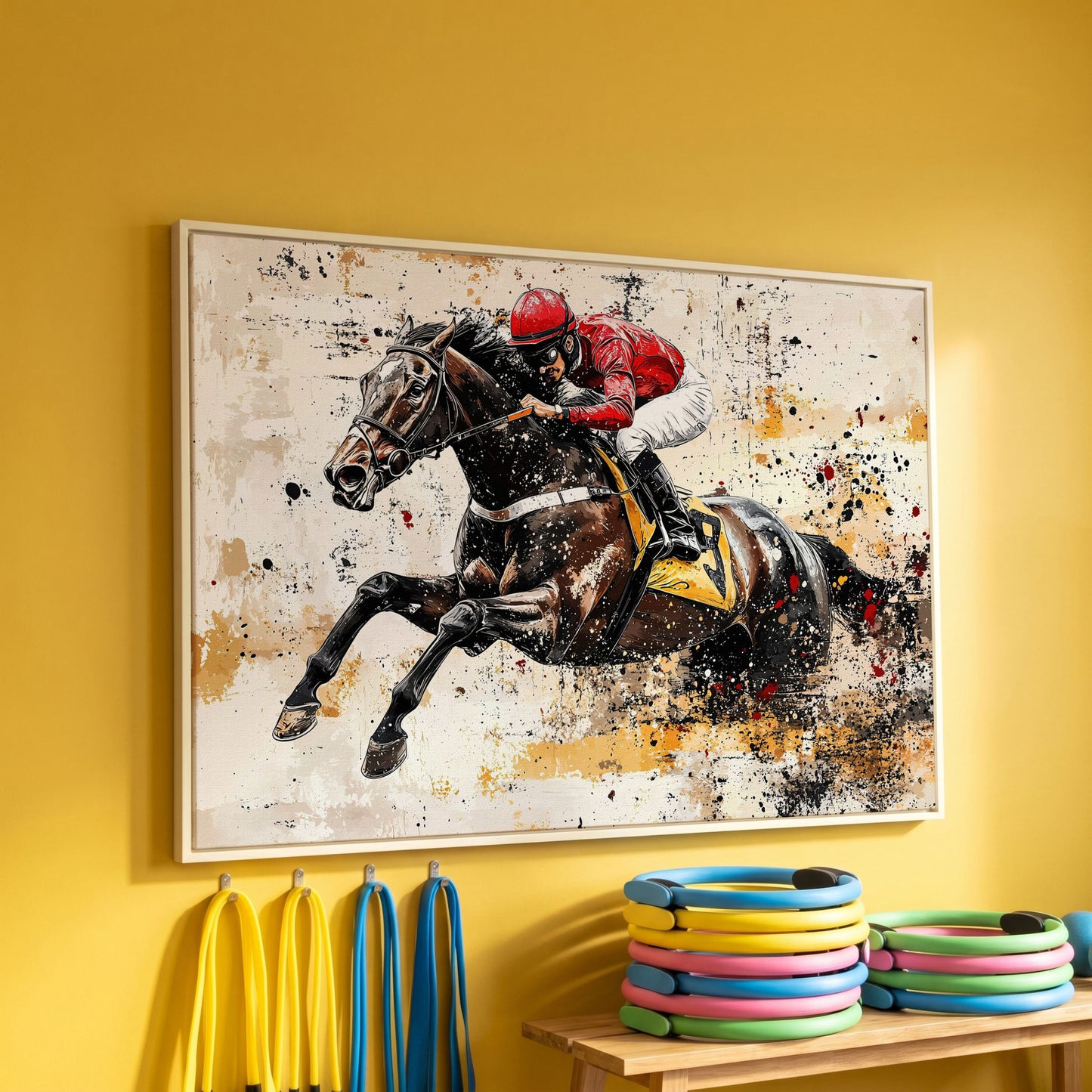Abstract Jockey Racing Horse Canvas Print in white floating frame