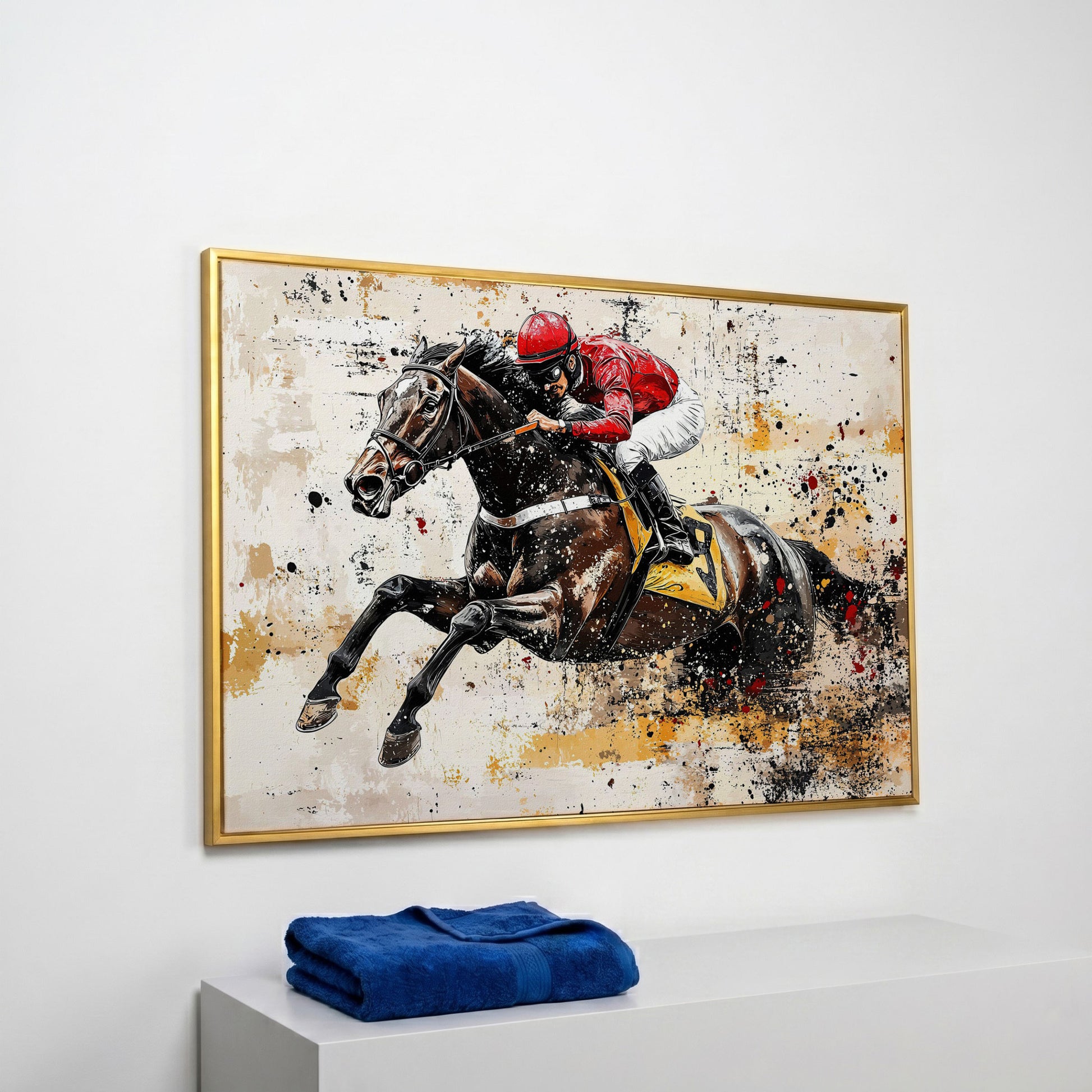 Abstract Jockey Racing Horse Canvas Print in yellow gold floating frame