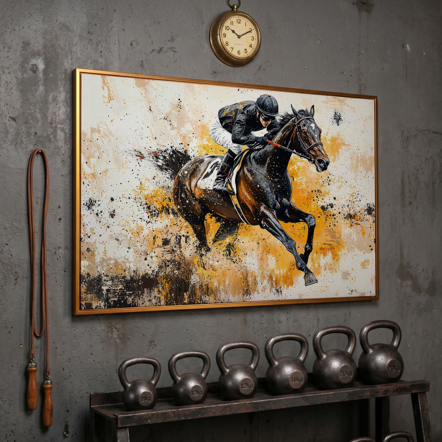 Jockey and Horse Racing Canvas Print in antique gold floating frame