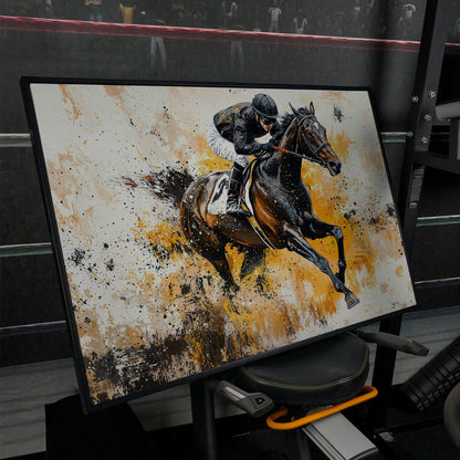 Jockey and Horse Racing Canvas Print in black floating frame