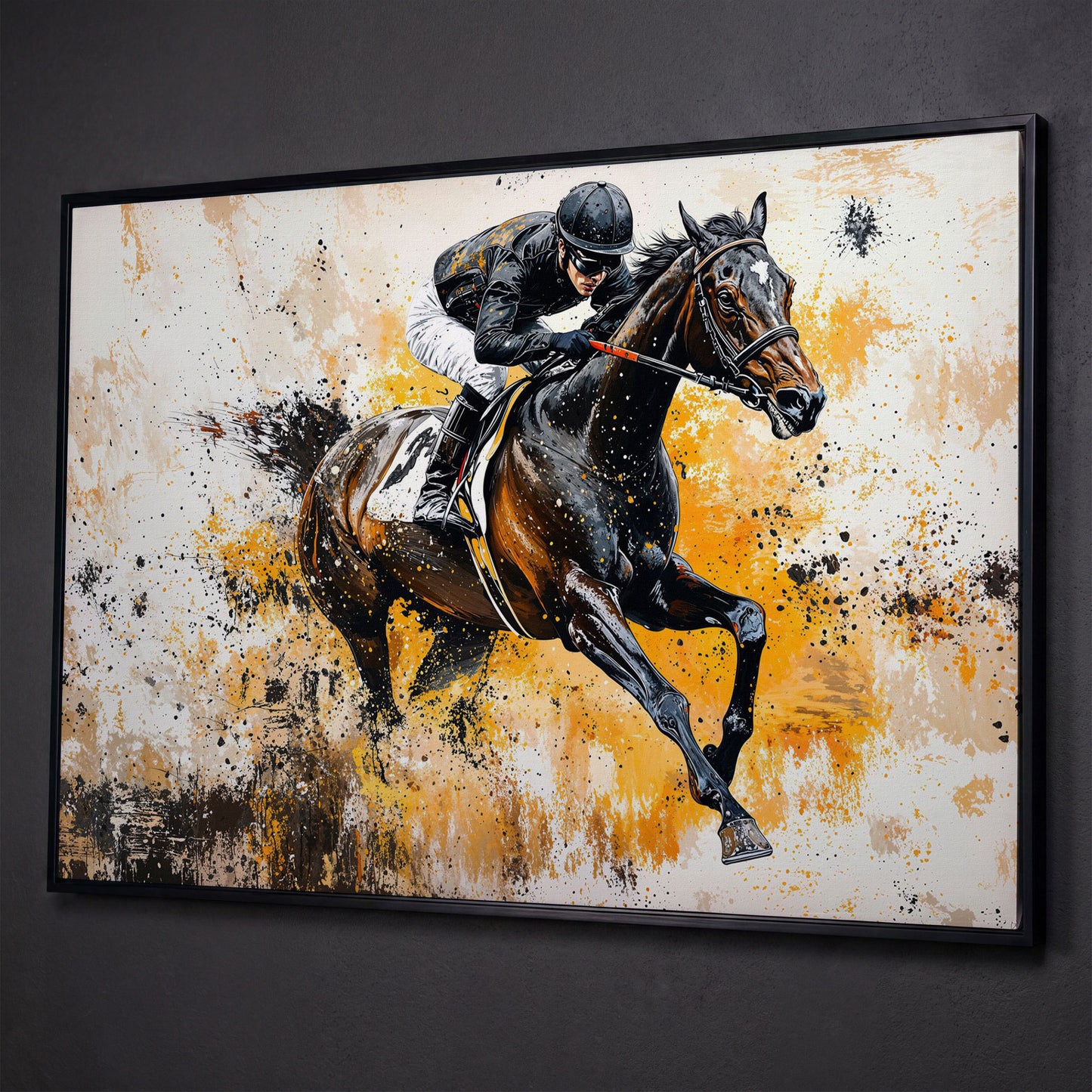 Jockey and Horse Racing Canvas Print shown in black floating frame