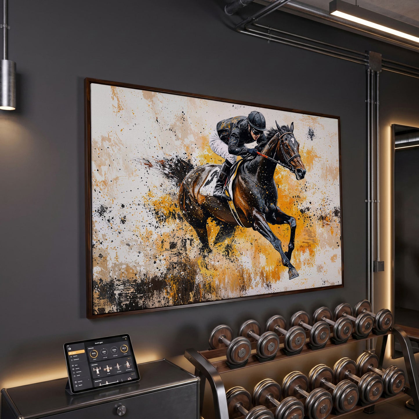 Jockey and Horse Racing Canvas Print in dark walnut floating frame