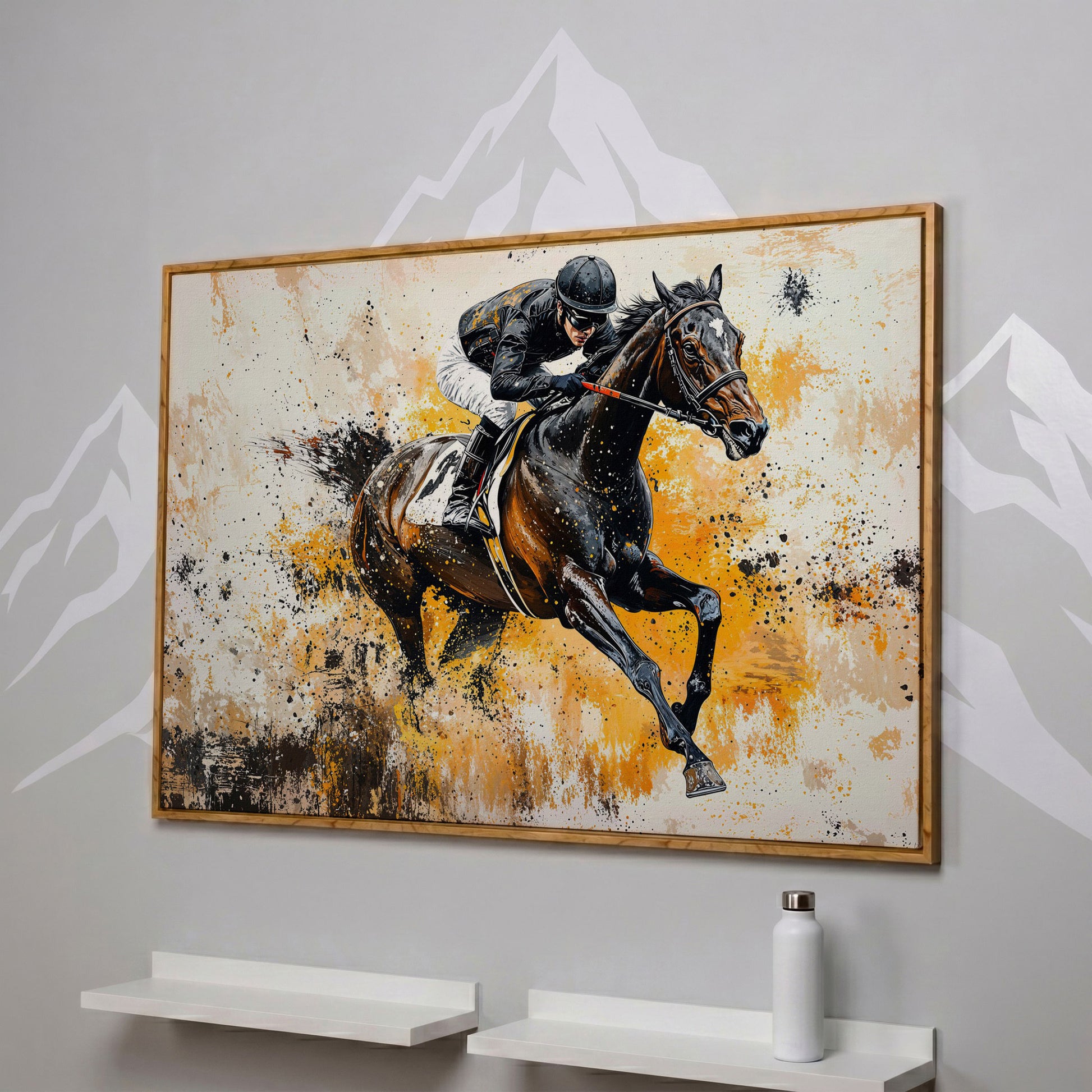 Jockey and Horse Racing Canvas Print in white oak floating frame