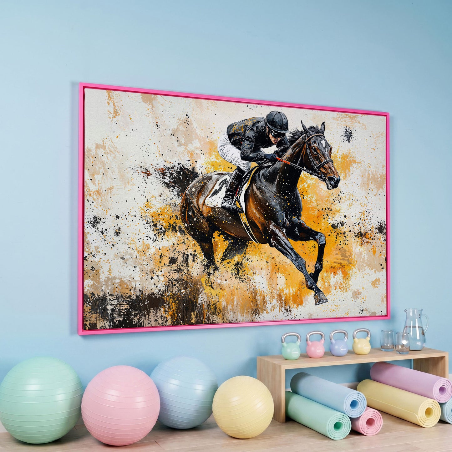 Jockey and Horse Racing Canvas Print in pink floating frame
