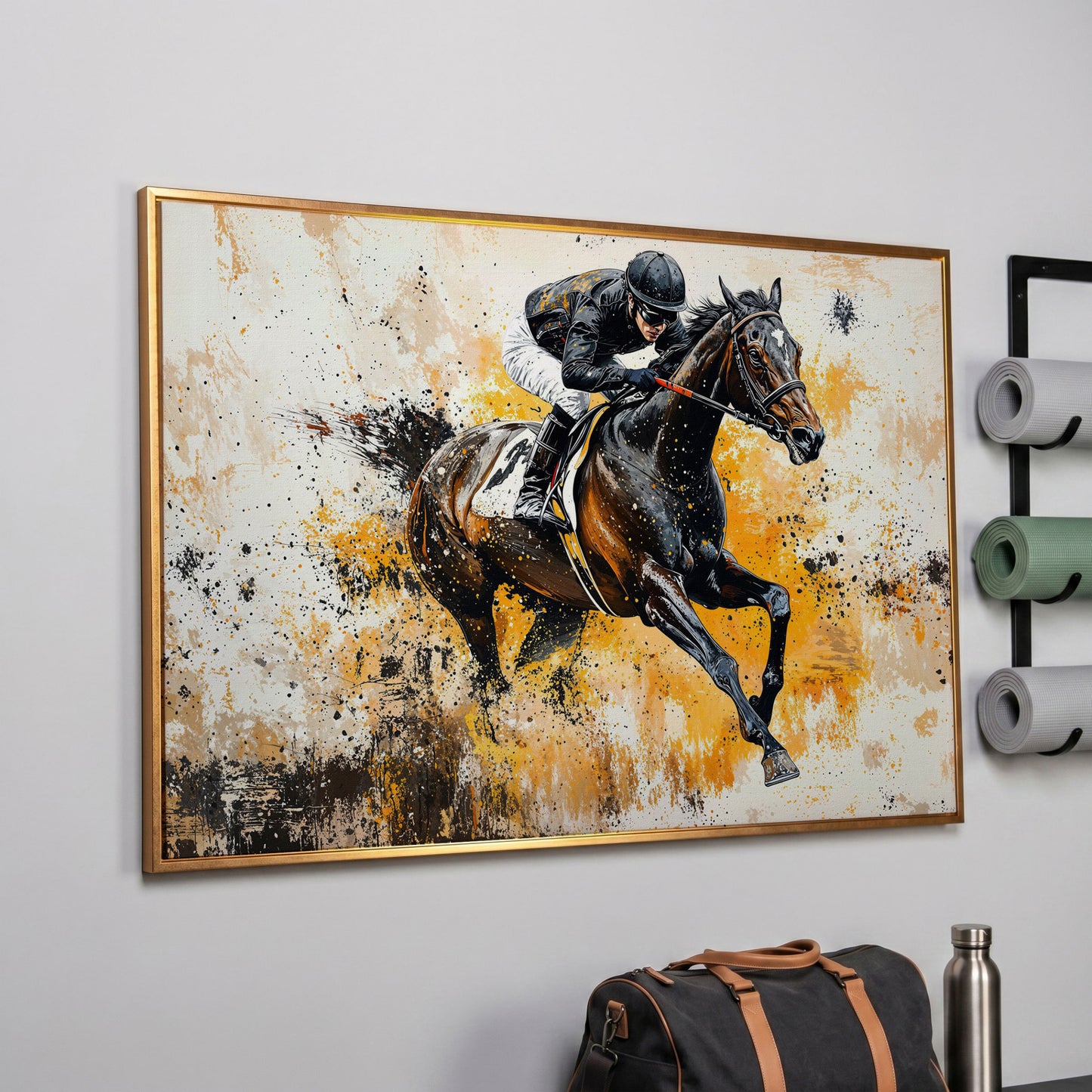 Jockey and Horse Racing Canvas Print in rose gold floating frame