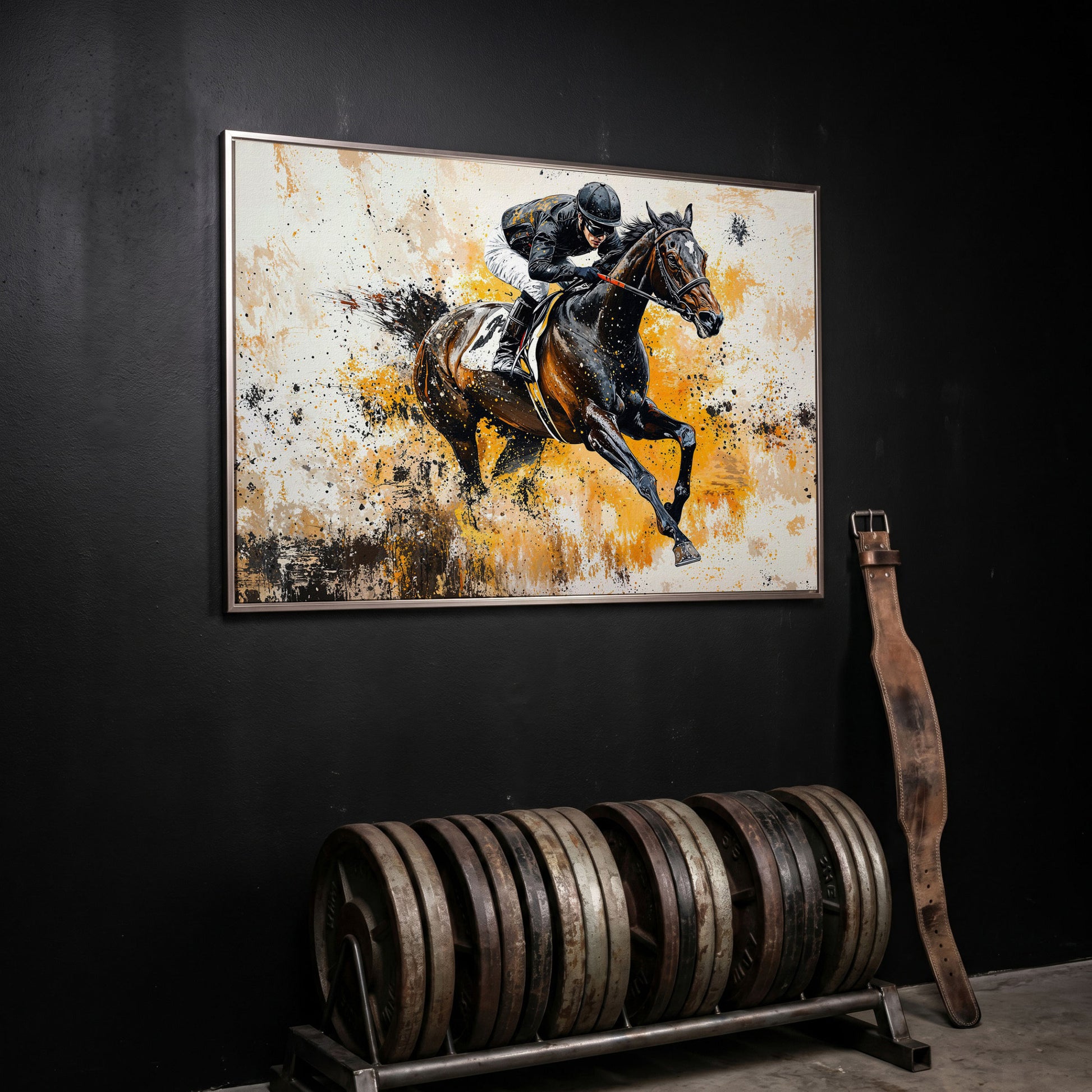 Jockey and Horse Racing Canvas Print in silver floating frame