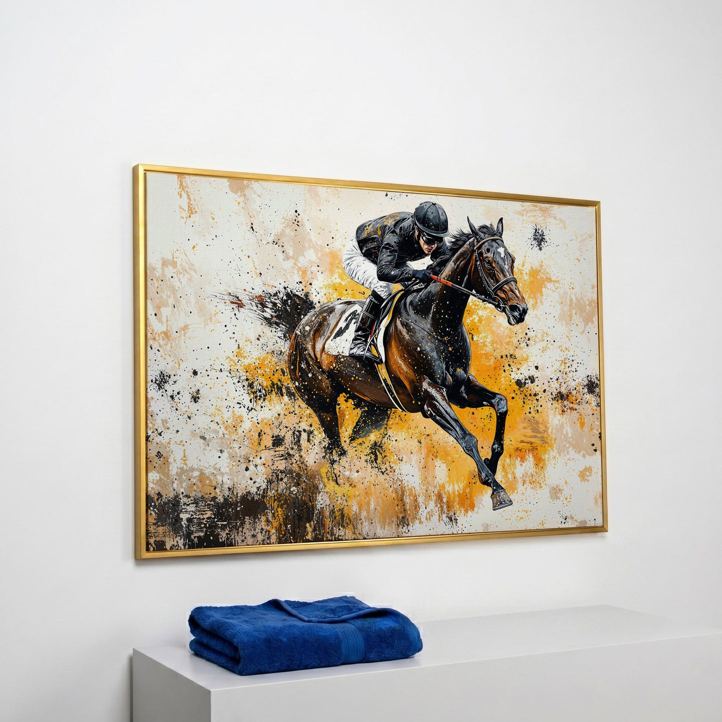 Jockey and Horse Racing Canvas Print in yellow gold floating frame