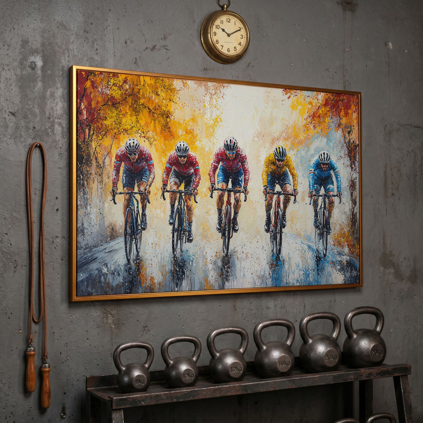 Cyclists Racing on Autumn Trail Canvas in antique gold floating frame
