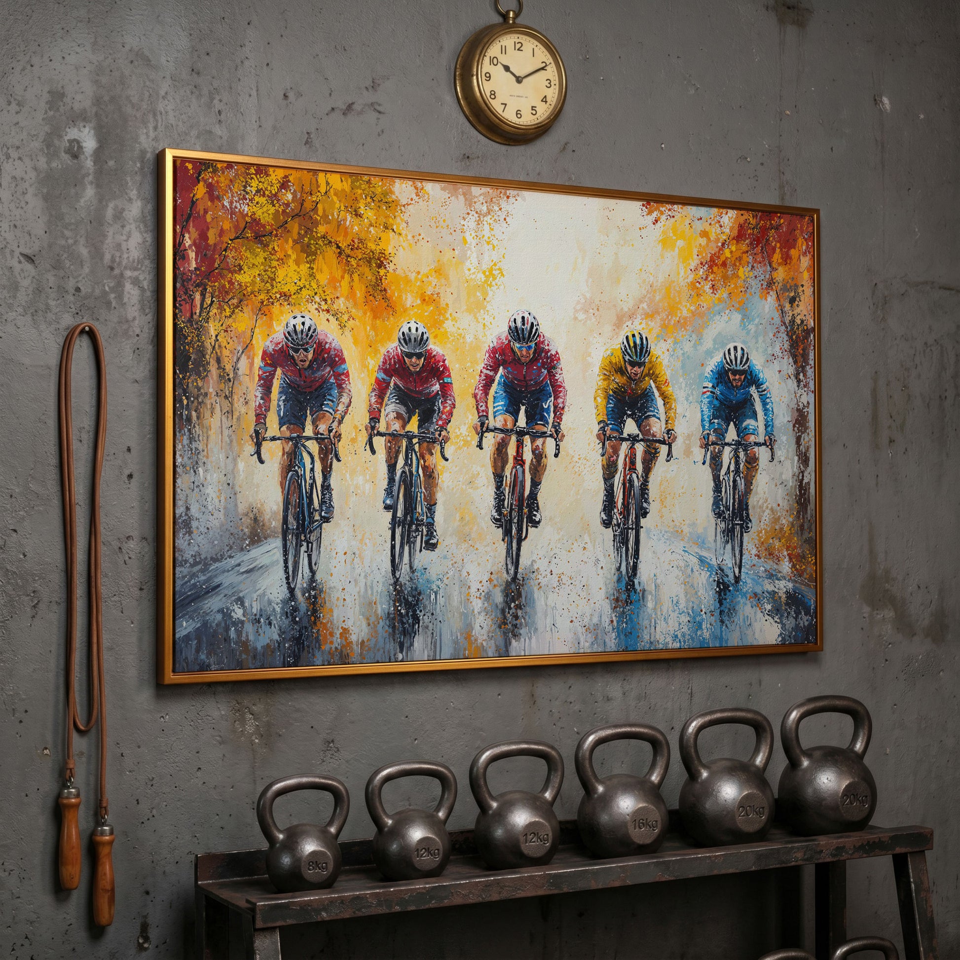 Cyclists Racing on Autumn Trail Canvas in antique gold floating frame