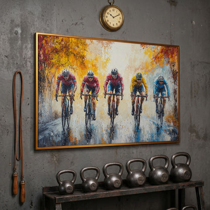 Cyclists Racing on Autumn Trail Canvas in antique gold floating frame