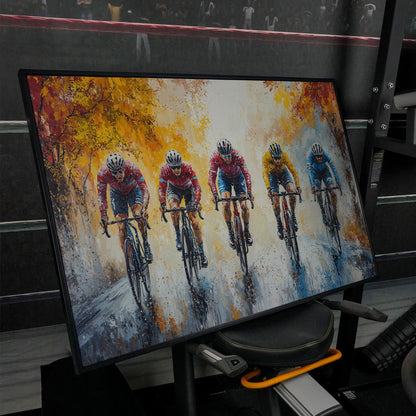 Cyclists Racing on Autumn Trail Canvas in black floating frame