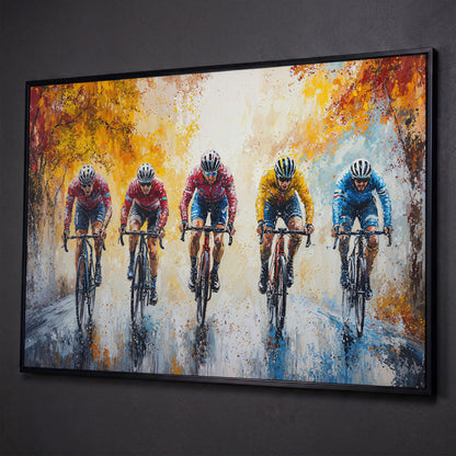 Cyclists Racing on Autumn Trail Canvas shown in black floating frame