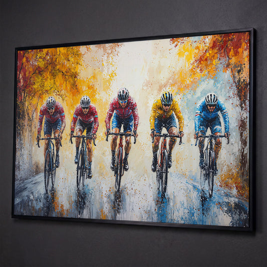 Cyclists Racing on Autumn Trail Canvas shown in black floating frame