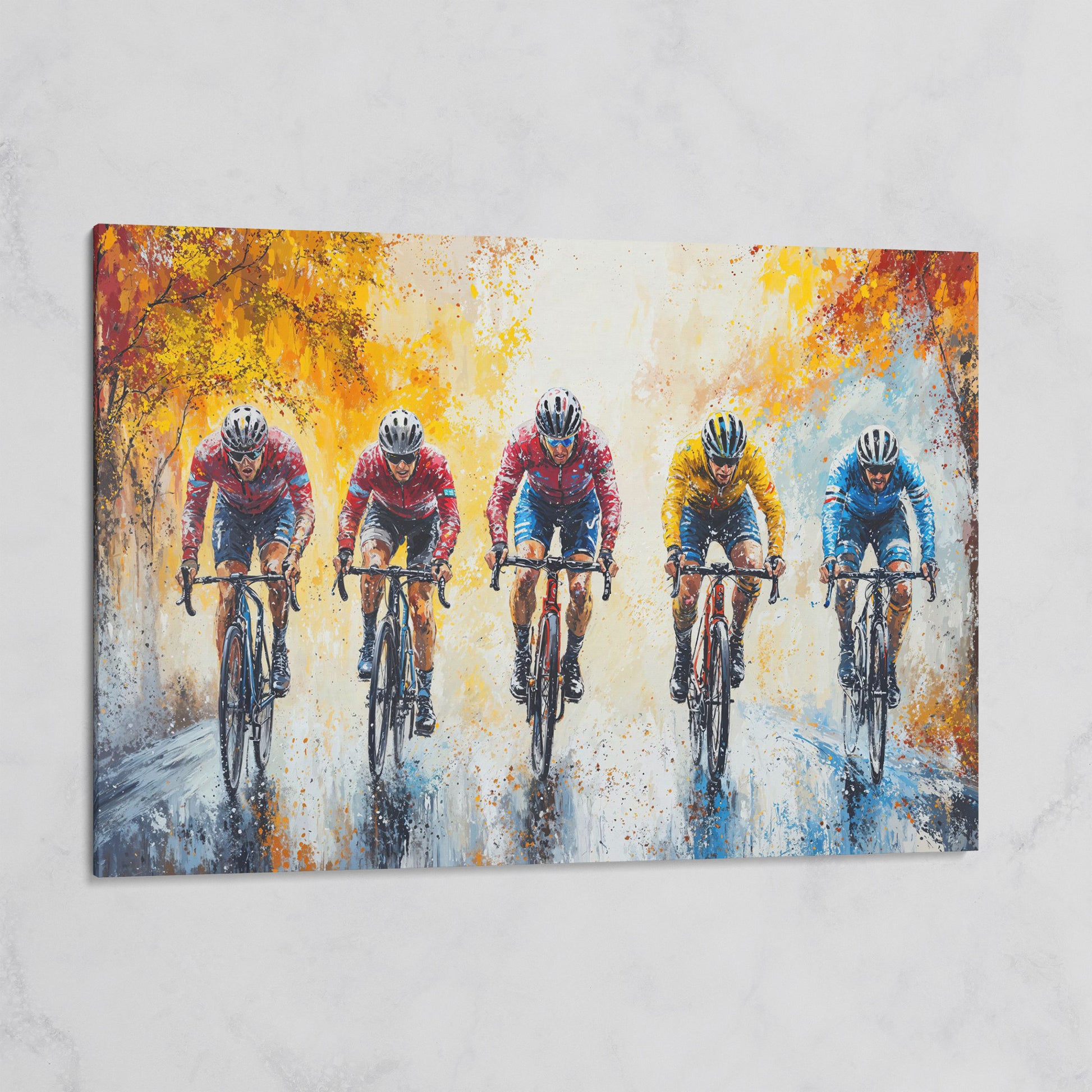 Cyclists Racing on Autumn Trail Canvas on gallery wrap
