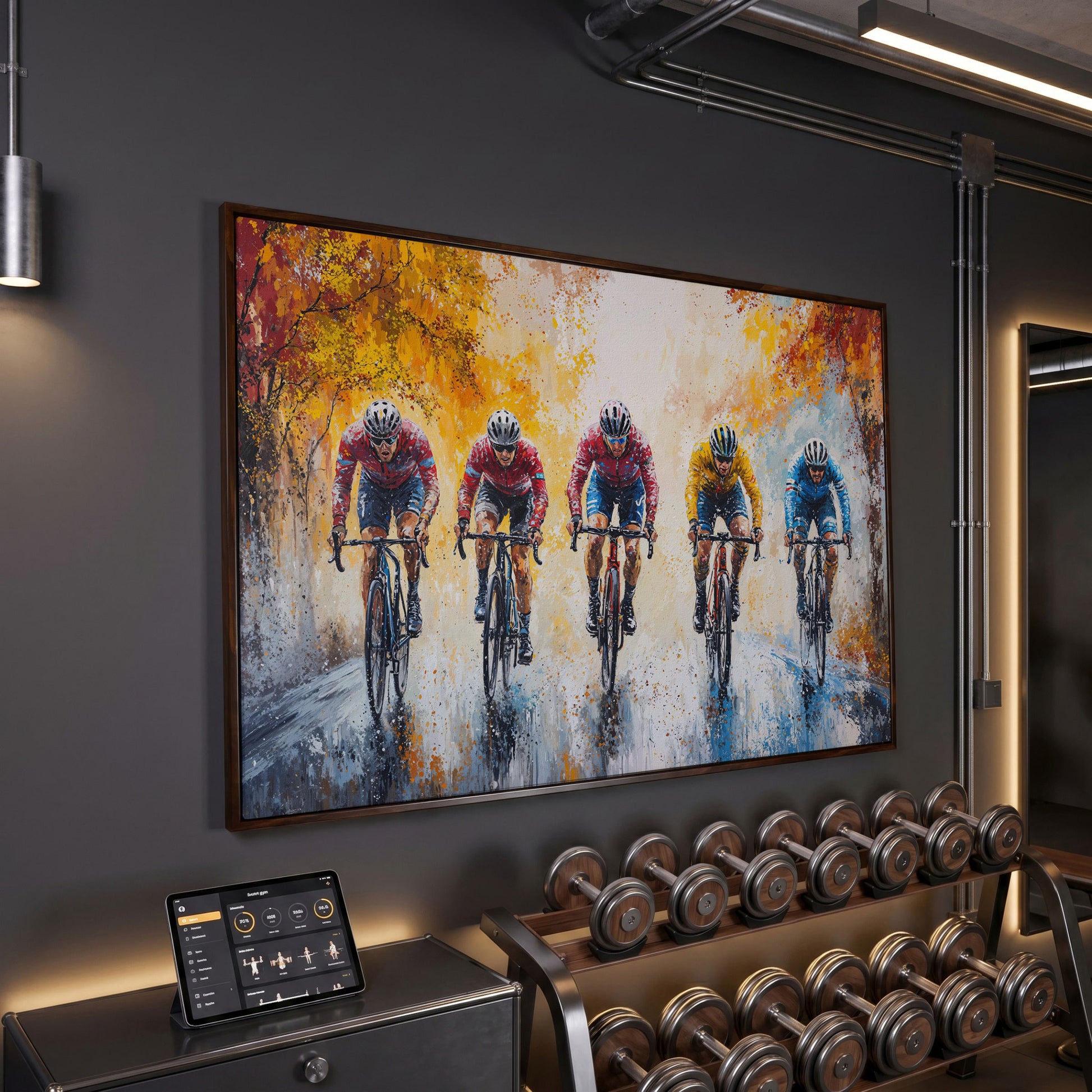 Cyclists Racing on Autumn Trail Canvas in dark walnut floating frame