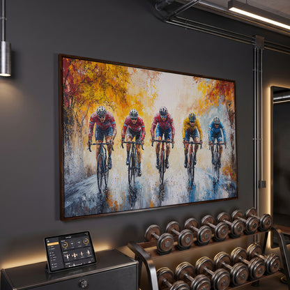 Cyclists Racing on Autumn Trail Canvas in dark walnut floating frame