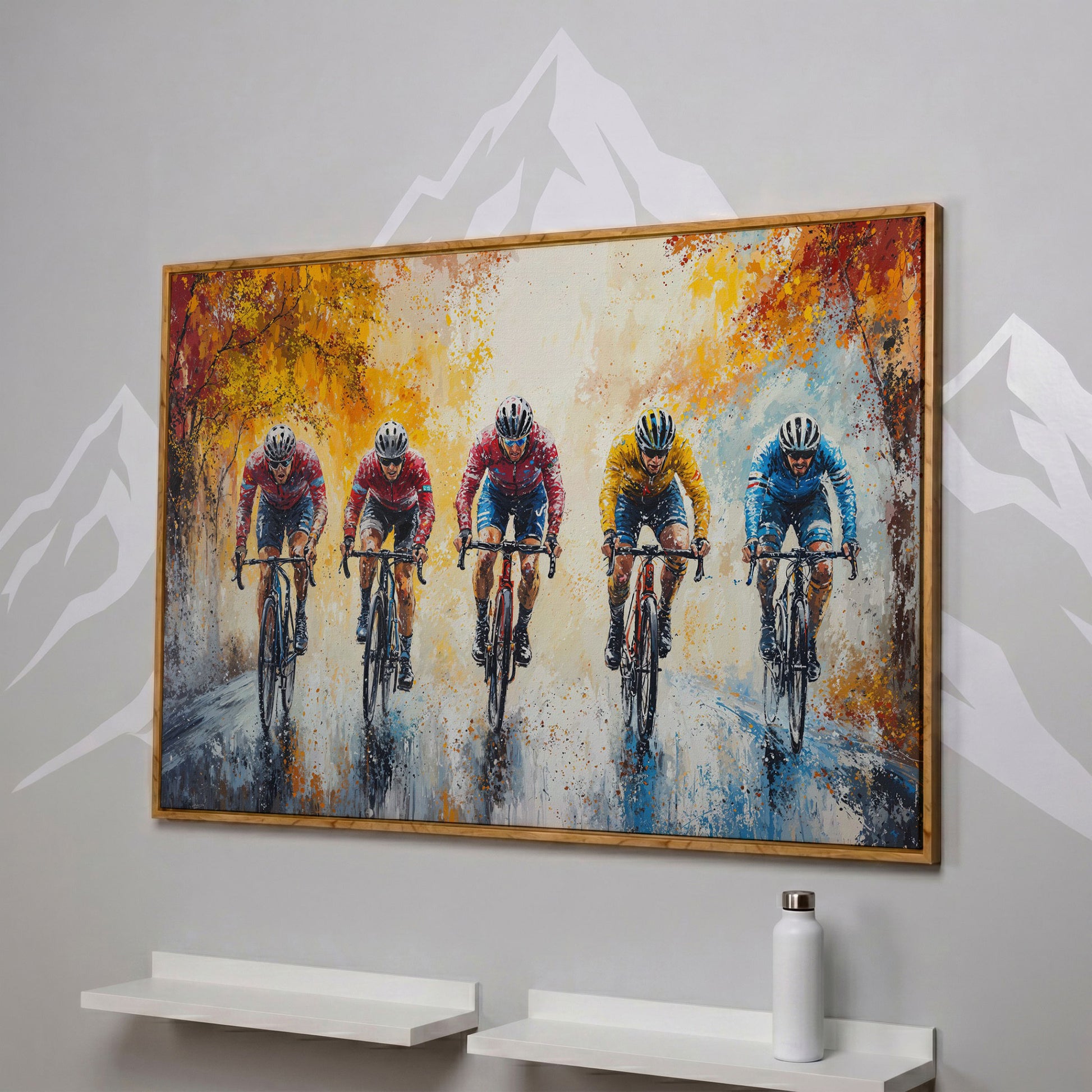 Cyclists Racing on Autumn Trail Canvas in white oak floating frame