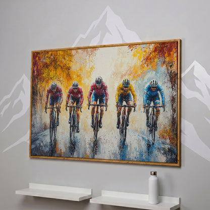 Cyclists Racing on Autumn Trail Canvas in white oak floating frame