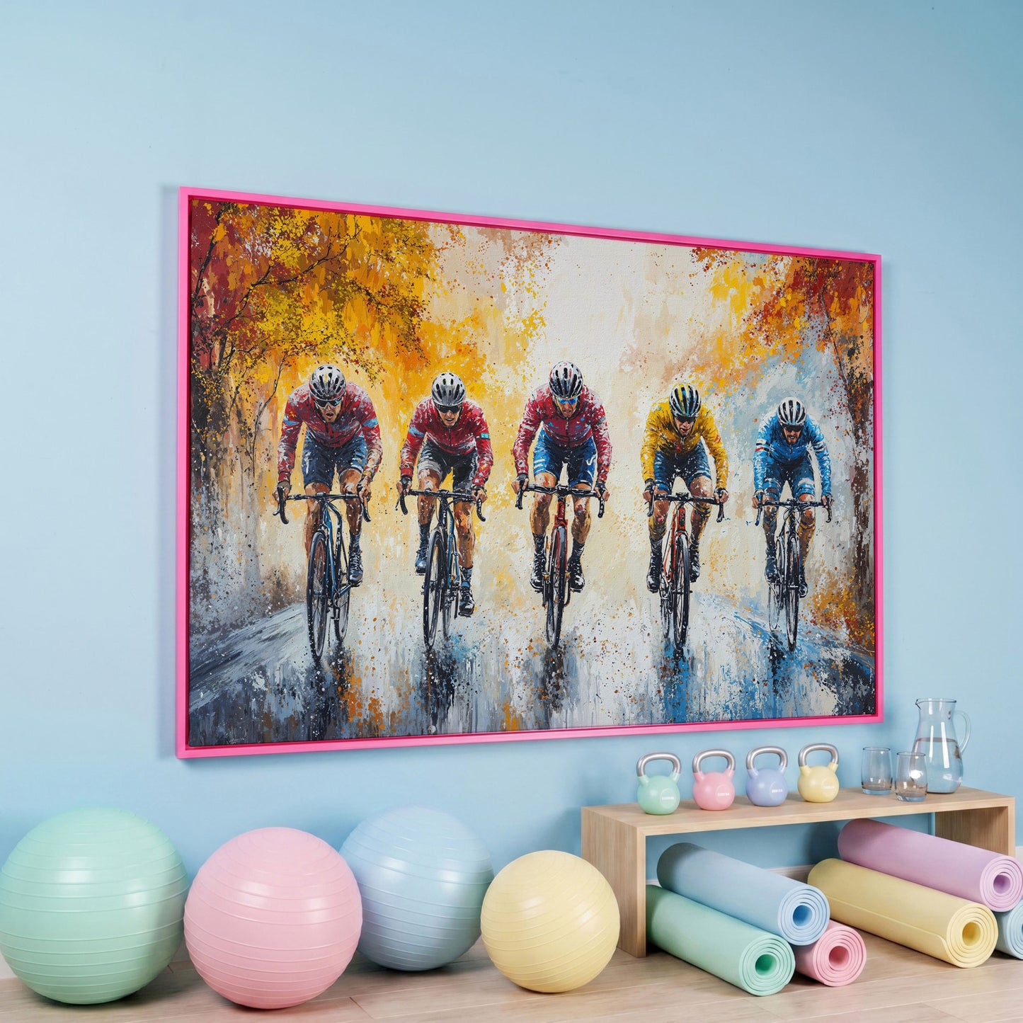 Cyclists Racing on Autumn Trail Canvas in pink floating frame