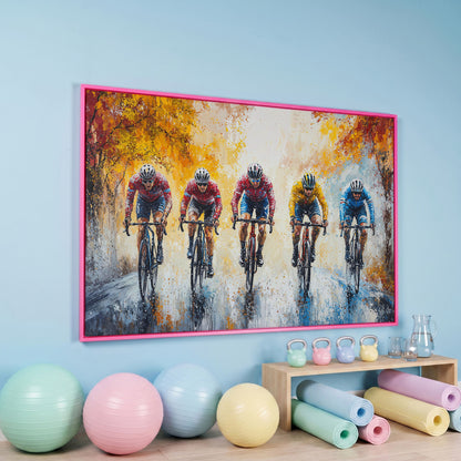 Cyclists Racing on Autumn Trail Canvas in pink floating frame