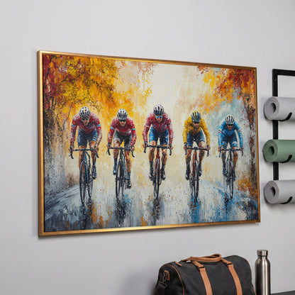 Cyclists Racing on Autumn Trail Canvas in rose gold floating frame