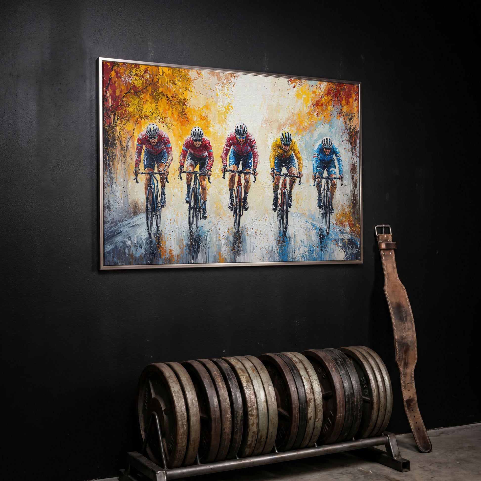 Cyclists Racing on Autumn Trail Canvas in silver floating frame