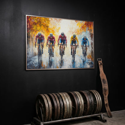 Cyclists Racing on Autumn Trail Canvas in silver floating frame