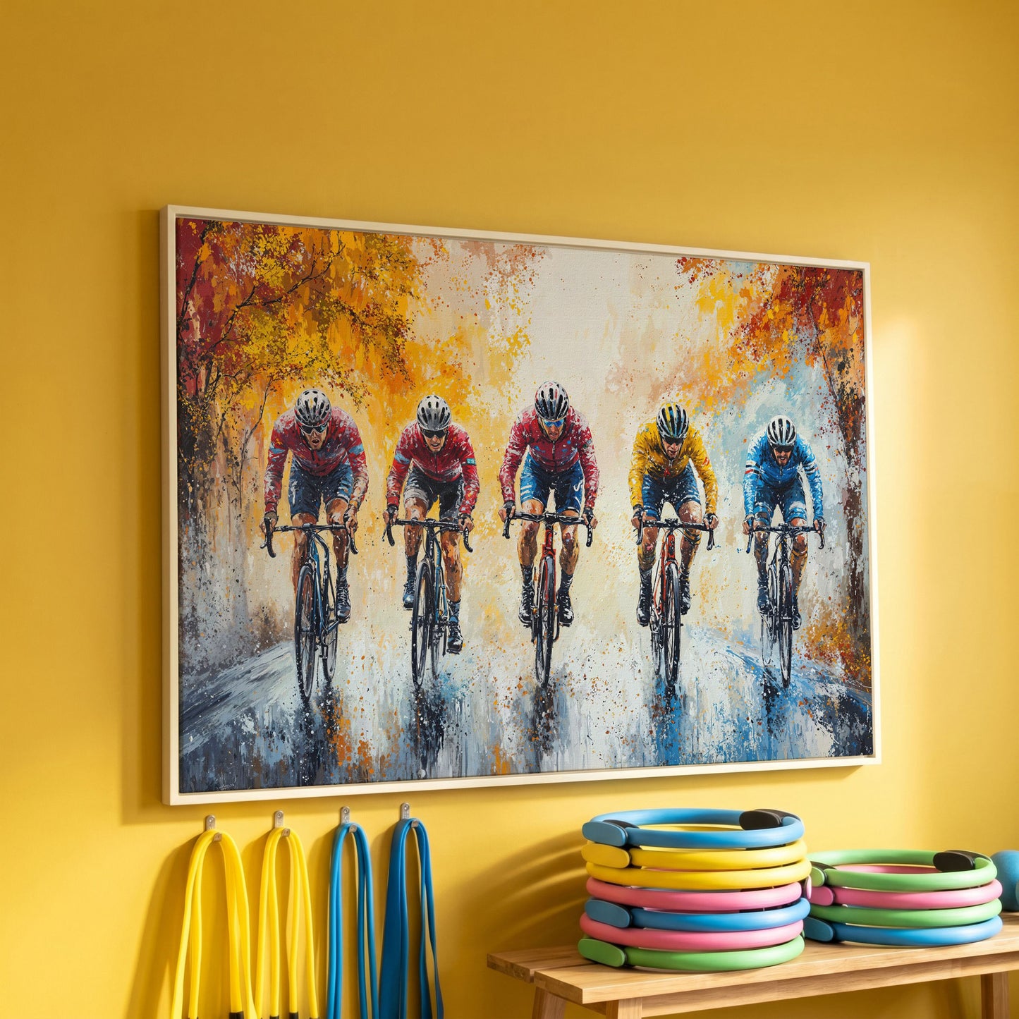 Cyclists Racing on Autumn Trail Canvas in white floating frame