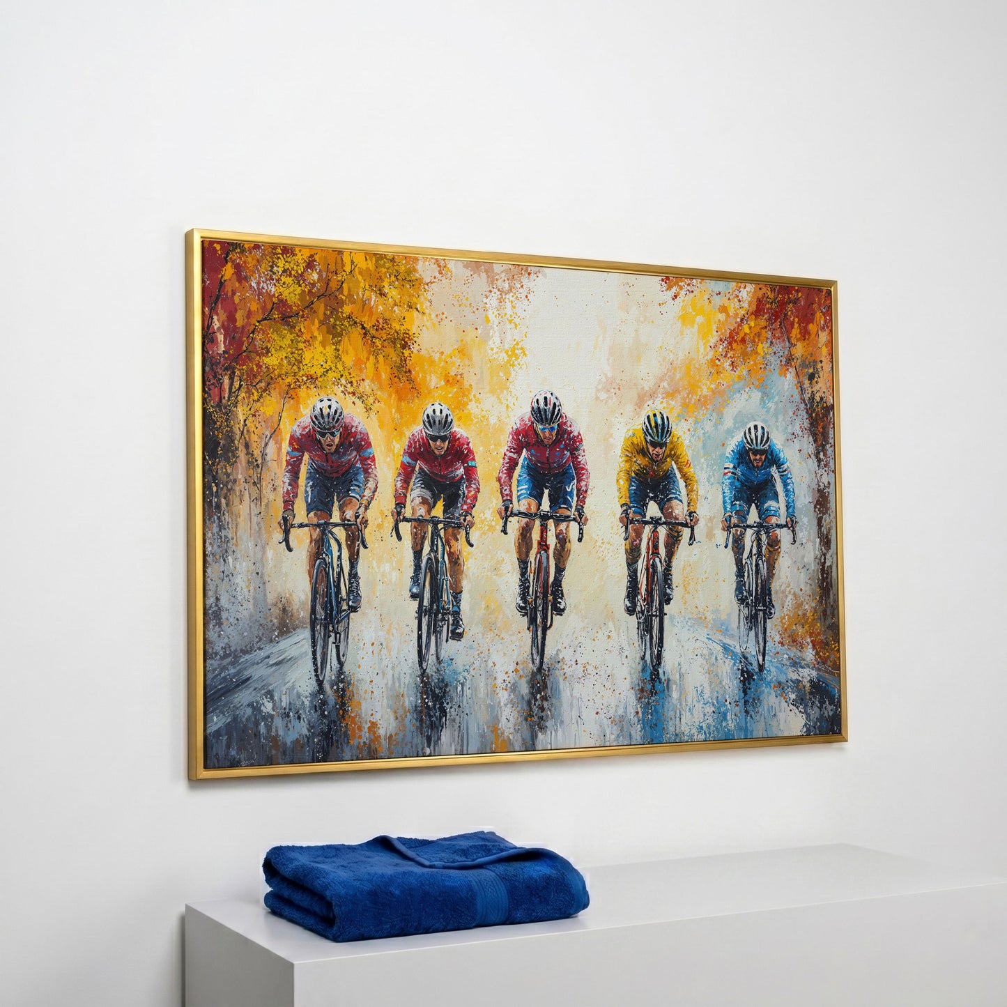 Cyclists Racing on Autumn Trail Canvas in yellow gold floating frame