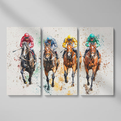 Jockeys in Motion Horse Racing Canvas as 3-panel split version