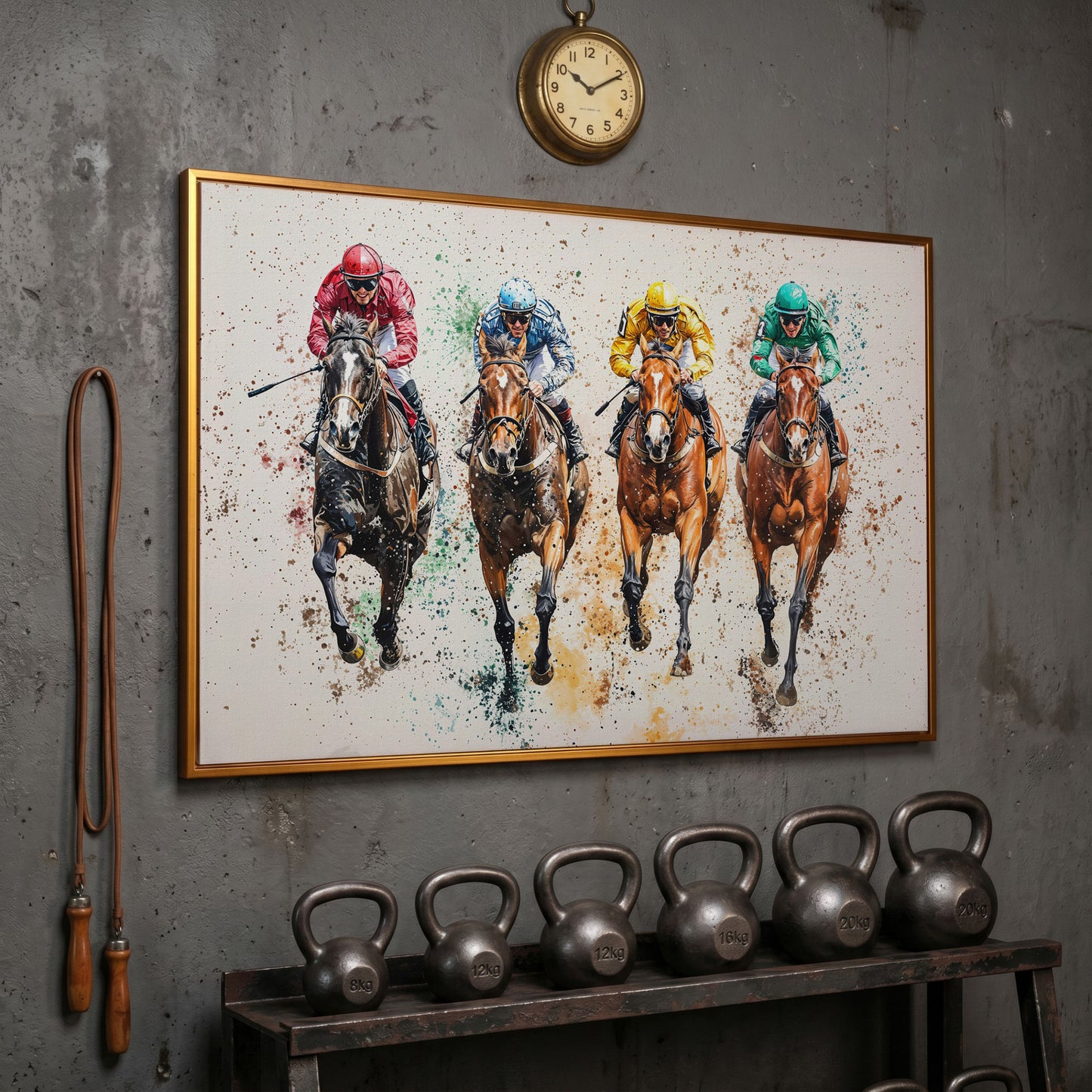 Jockeys in Motion Horse Racing Canvas in antique gold floating frame