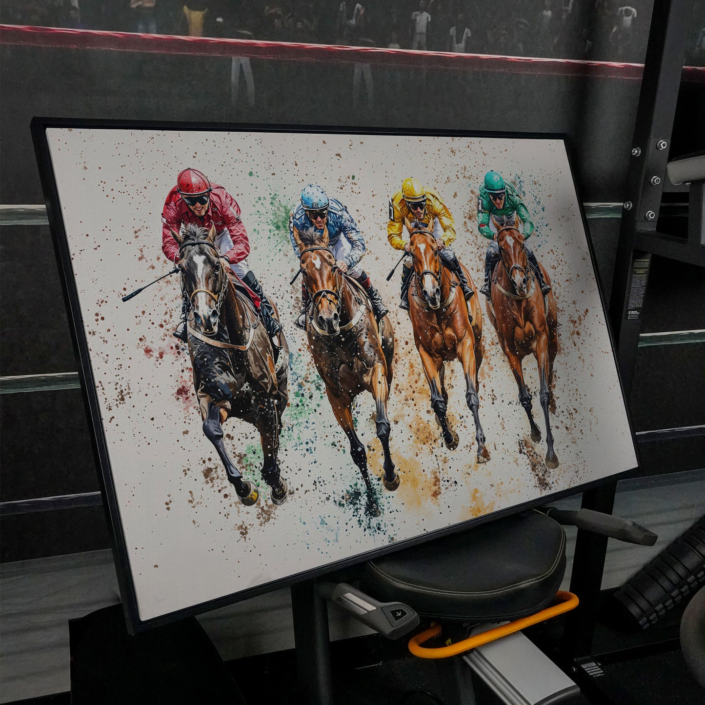 Jockeys in Motion Horse Racing Canvas in black floating frame