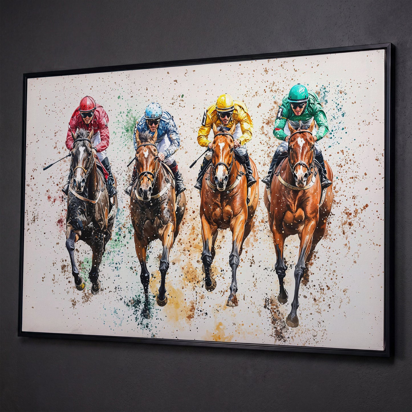Jockeys in Motion Horse Racing Canvas shown in black floating frame