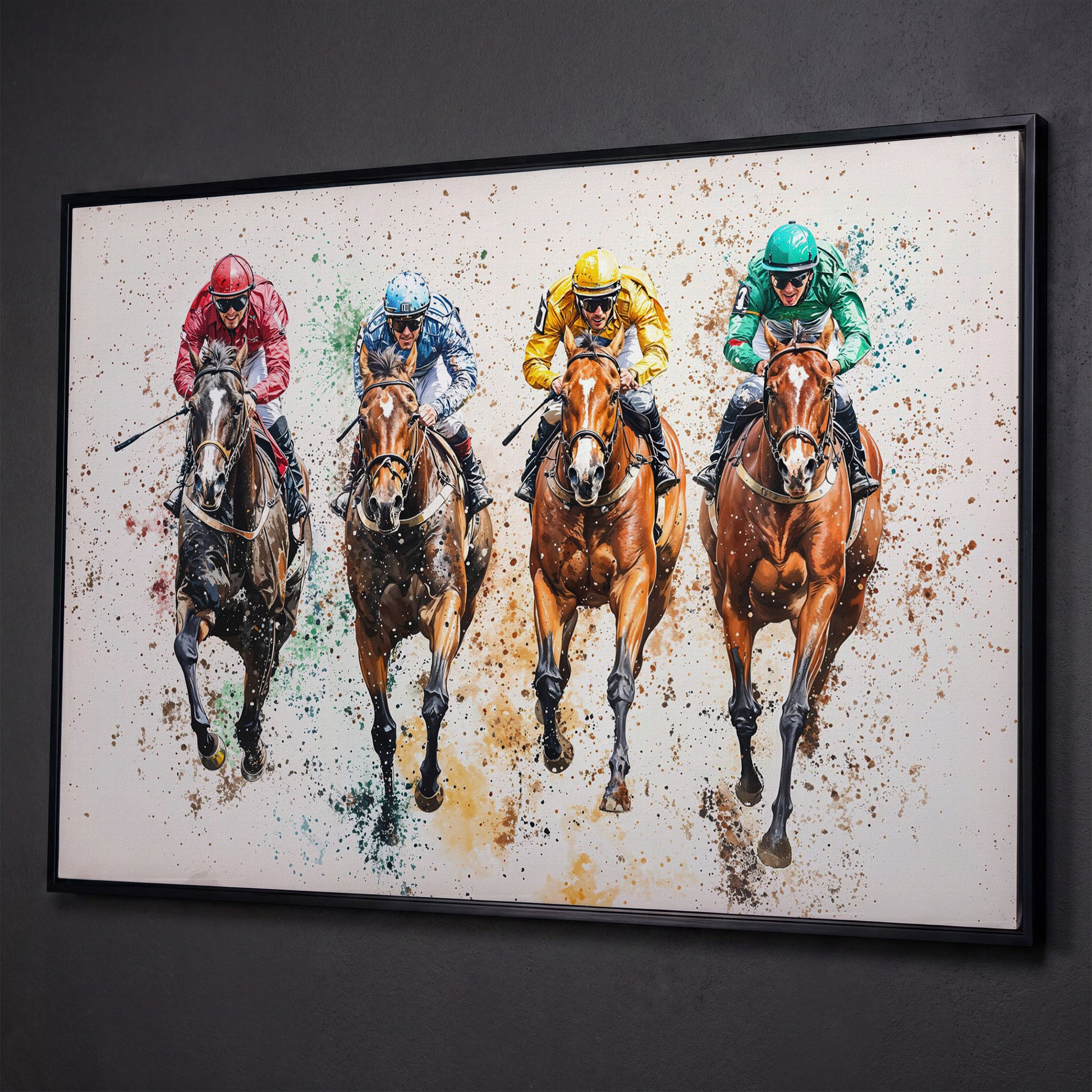 Jockeys in Motion Horse Racing Canvas shown in black floating frame