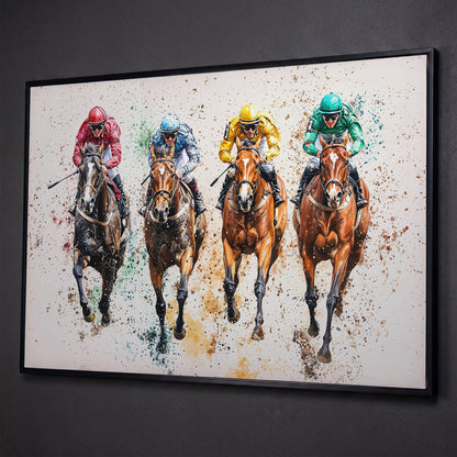 Jockeys in Motion Horse Racing Canvas shown in black floating frame