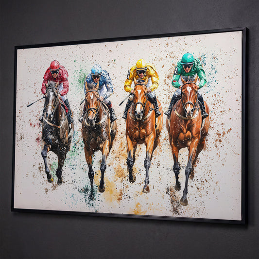 Jockeys in Motion Horse Racing Canvas shown in black floating frame