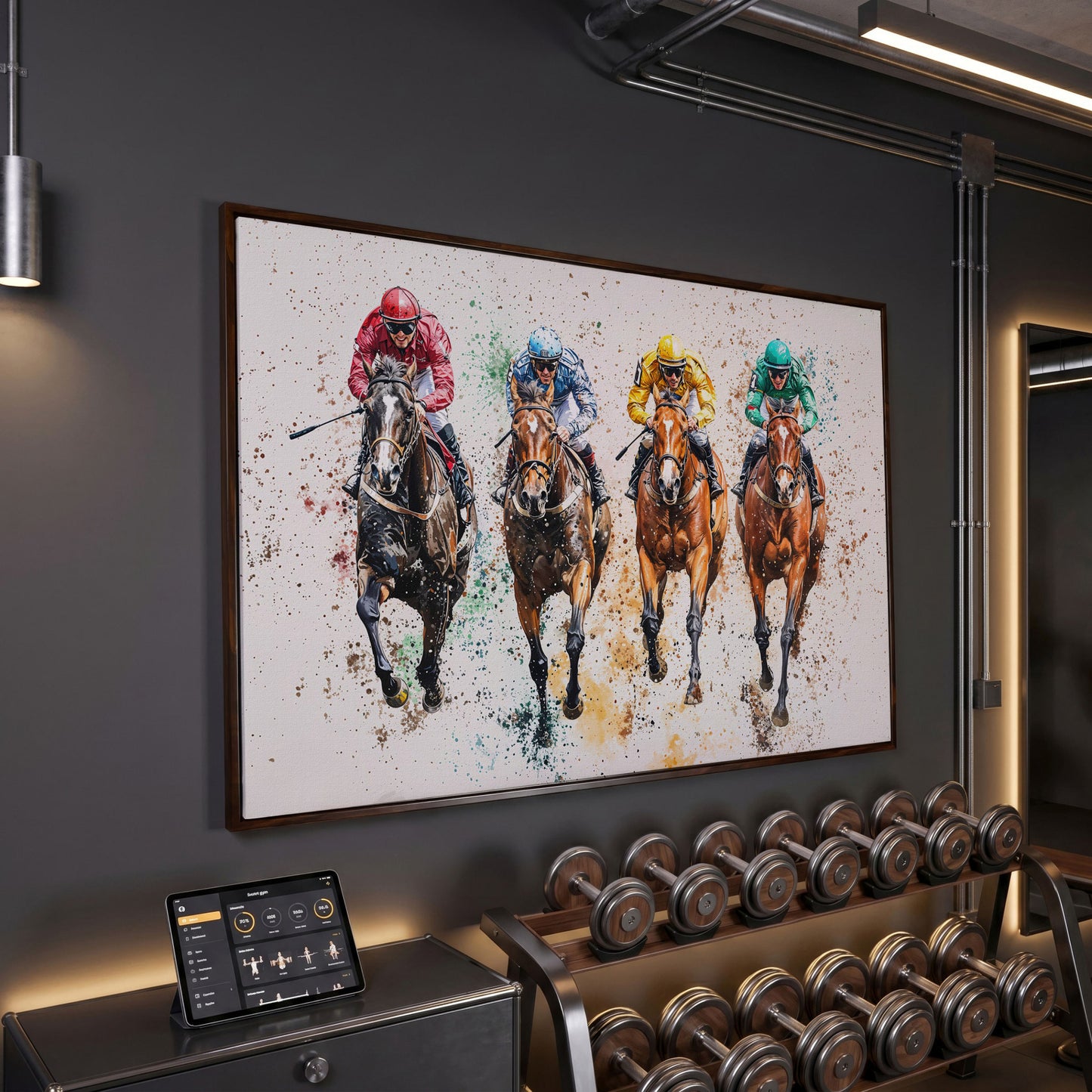 Jockeys in Motion Horse Racing Canvas in dark walnut floating frame