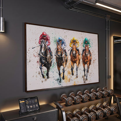 Jockeys in Motion Horse Racing Canvas in dark walnut floating frame