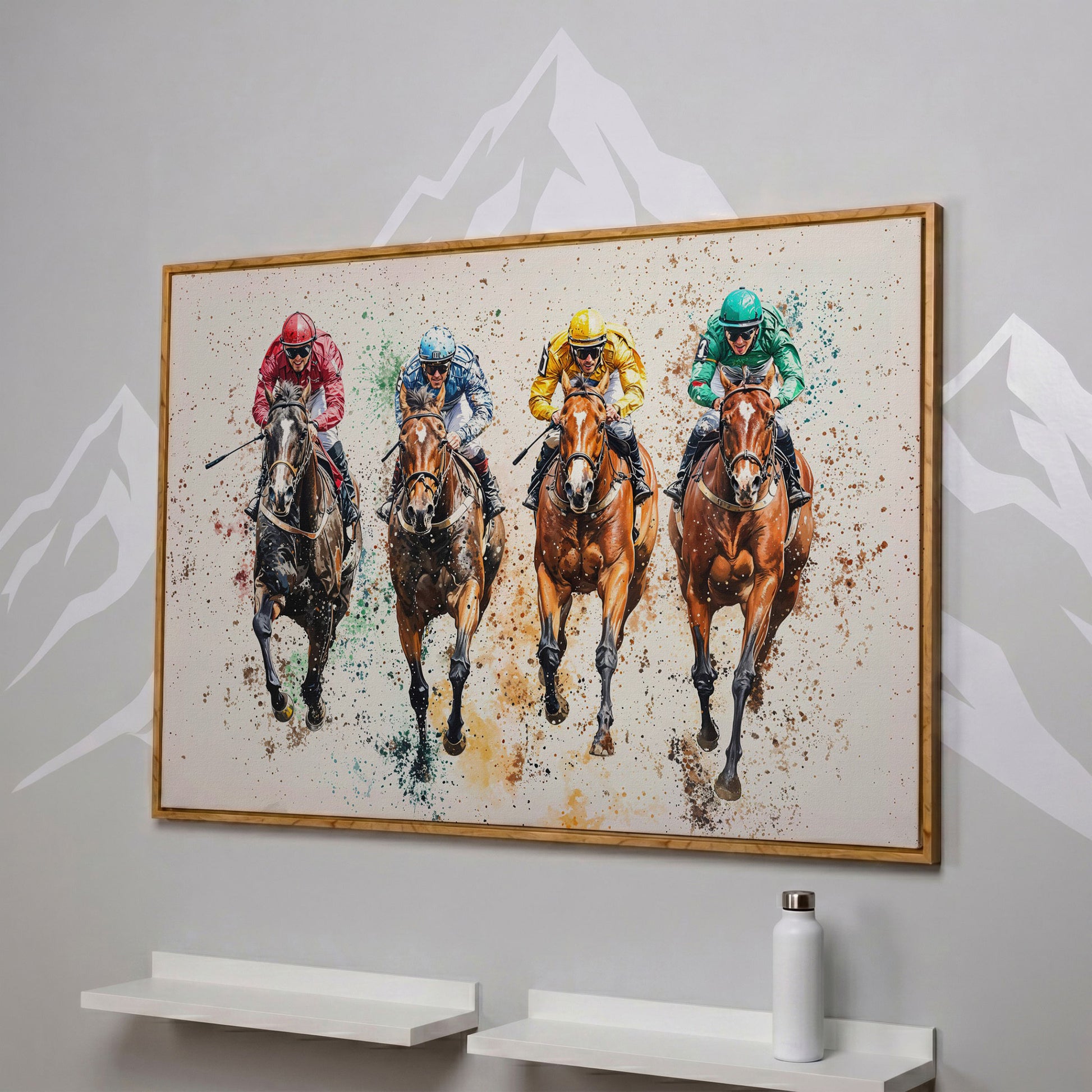 Jockeys in Motion Horse Racing Canvas in white oak floating frame