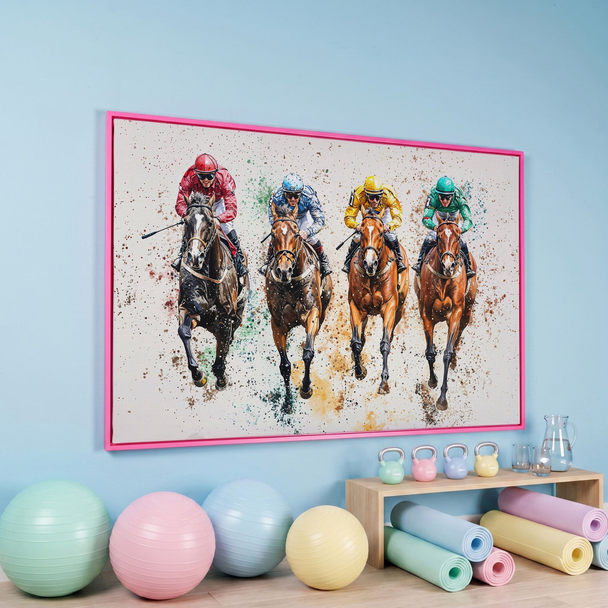 Jockeys in Motion Horse Racing Canvas in pink floating frame