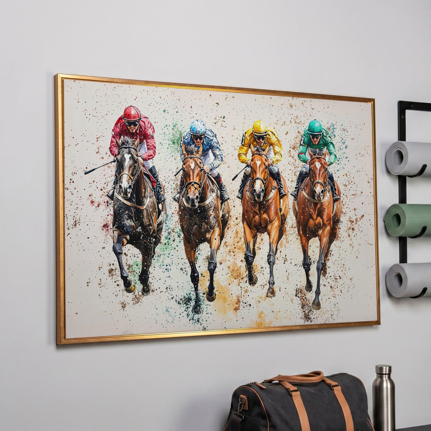Jockeys in Motion Horse Racing Canvas in rose gold floating frame