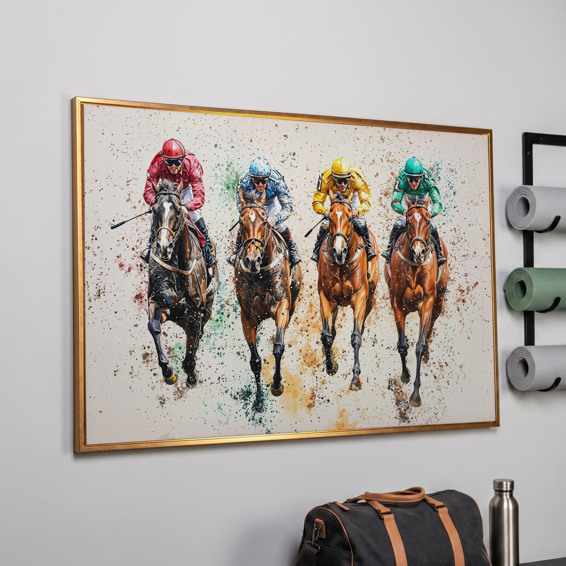 Jockeys in Motion Horse Racing Canvas in rose gold floating frame