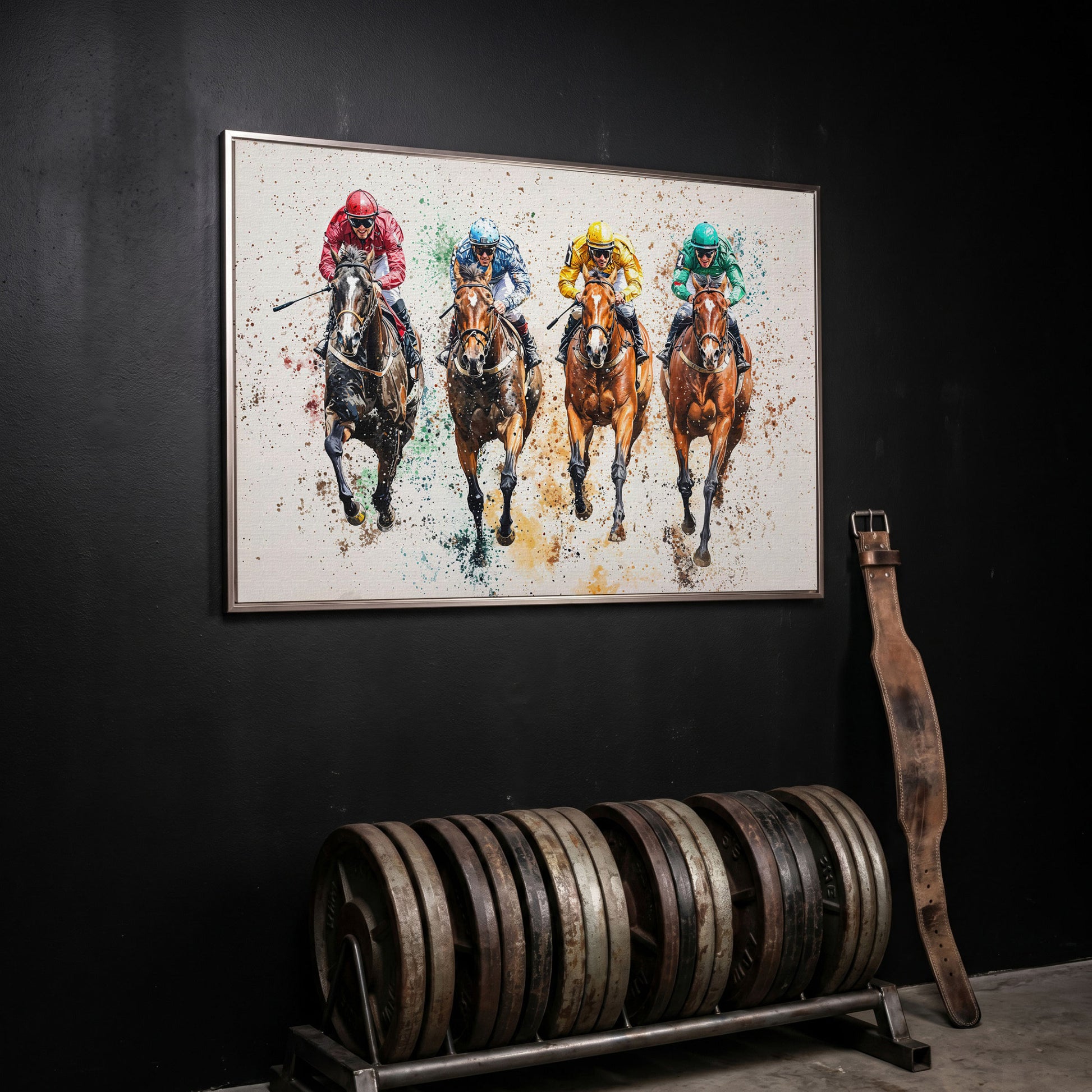 Jockeys in Motion Horse Racing Canvas in silver floating frame