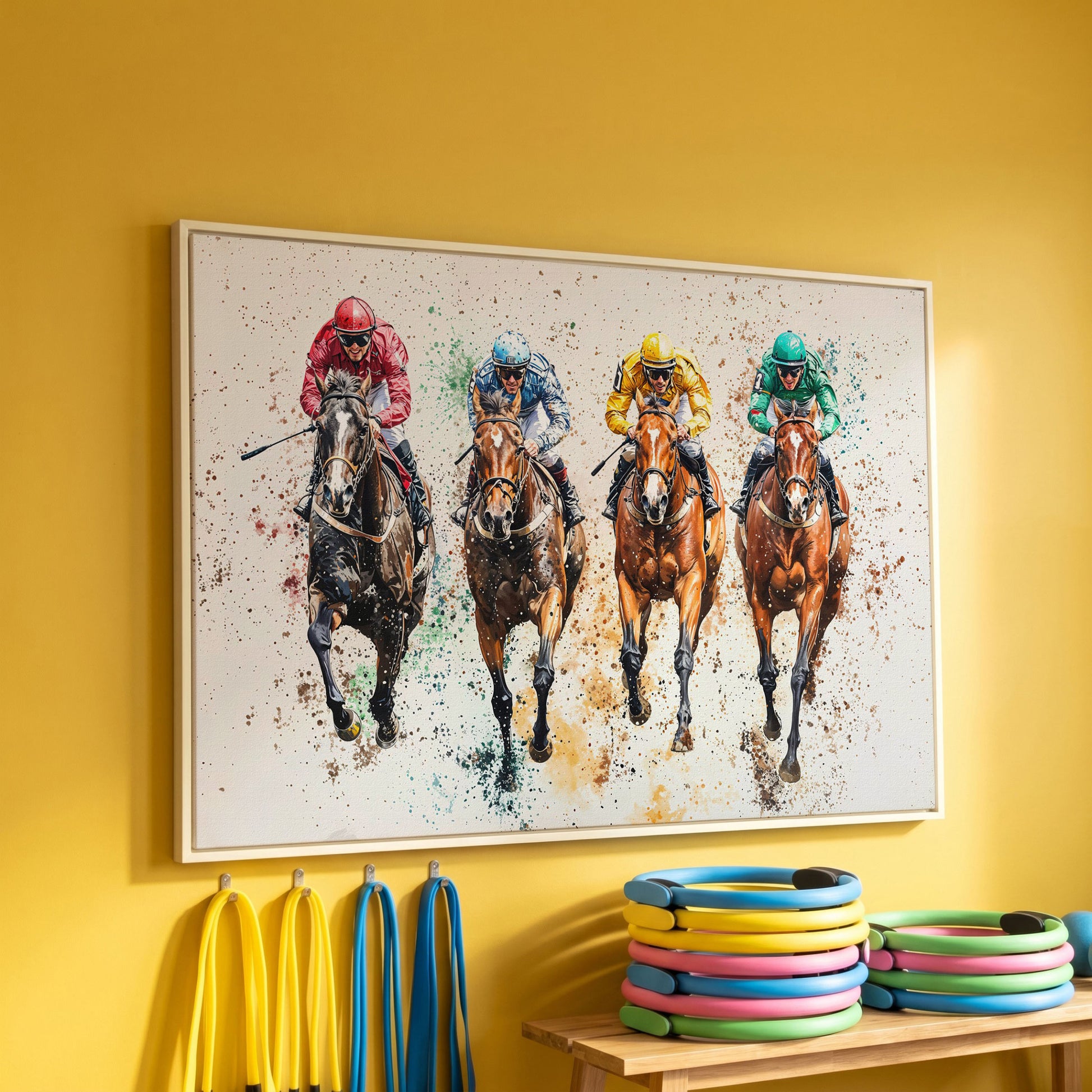Jockeys in Motion Horse Racing Canvas in white floating frame