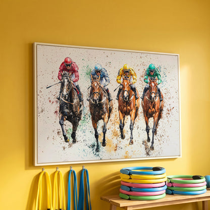 Jockeys in Motion Horse Racing Canvas in white floating frame