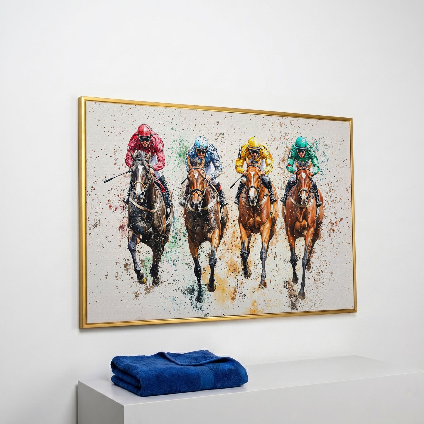 Jockeys in Motion Horse Racing Canvas in yellow gold floating frame