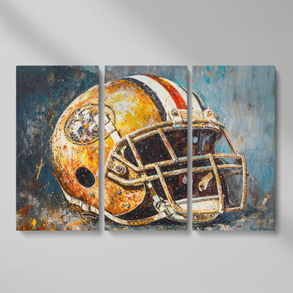 Football Helmet Canvas Print in Mustard & Teal as 3-panel split version