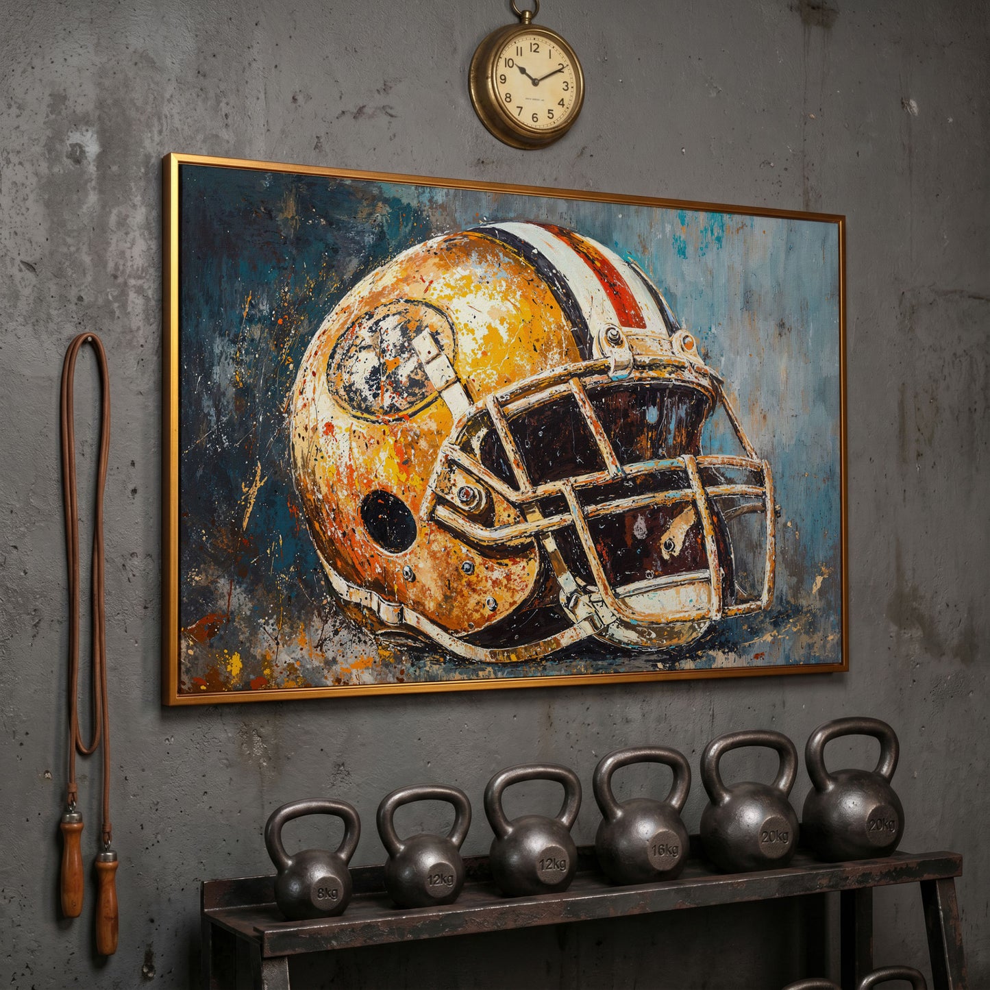 Football Helmet Canvas Print in Mustard & Teal in antique gold floating frame