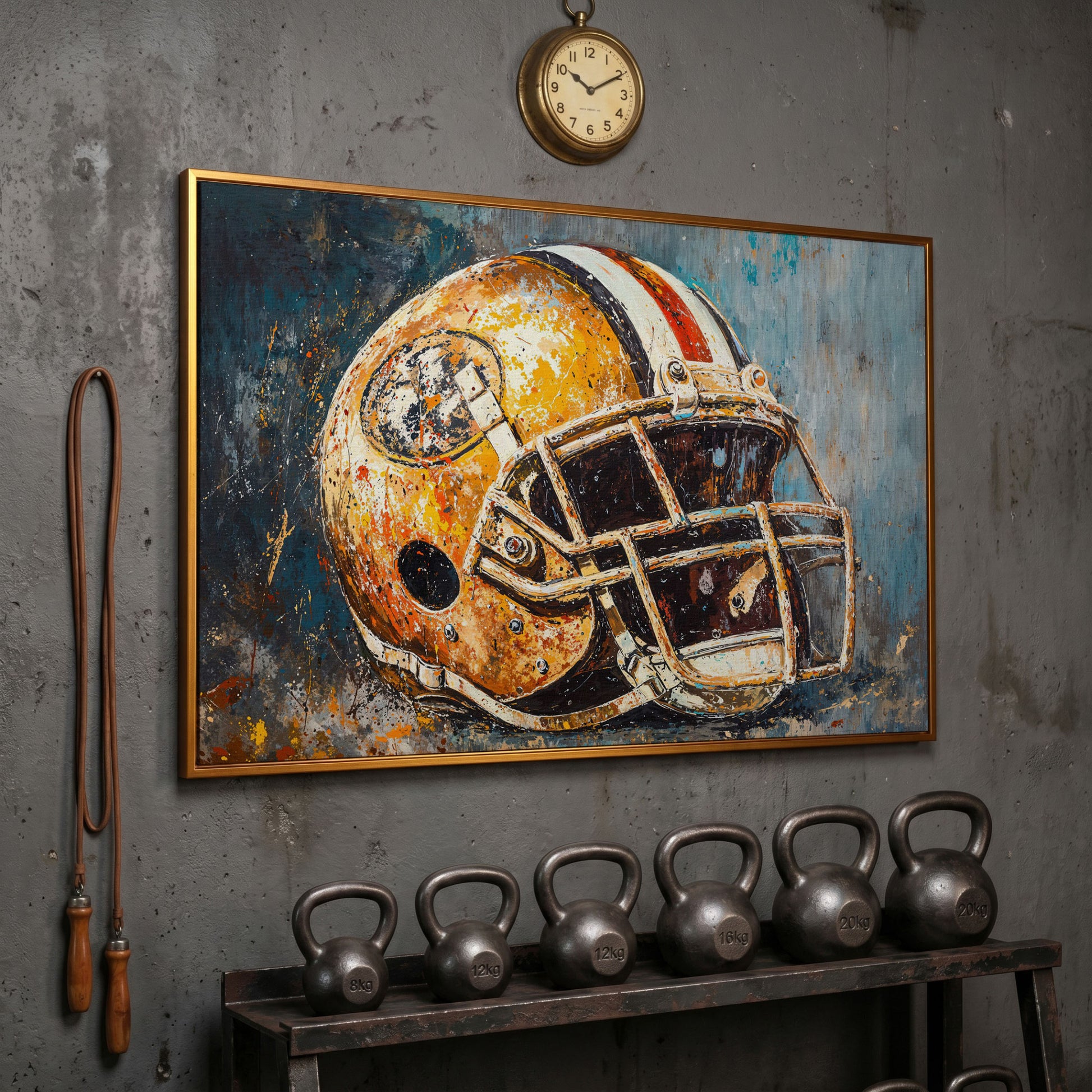 Football Helmet Canvas Print in Mustard & Teal in antique gold floating frame