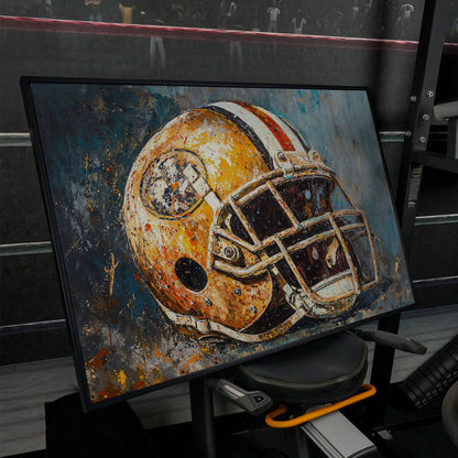 Football Helmet Canvas Print in Mustard & Teal in black floating frame